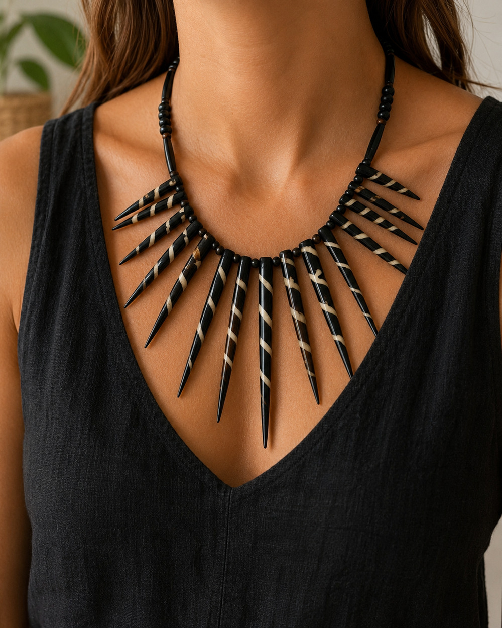 Tribal Spike Statement Necklace Black Brown Cream Striped Bib Necklace Boho